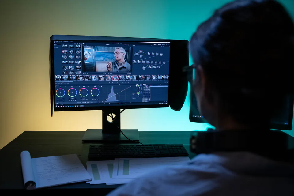 A video editor color grading footage on a large monitor in a room lit with teal light
